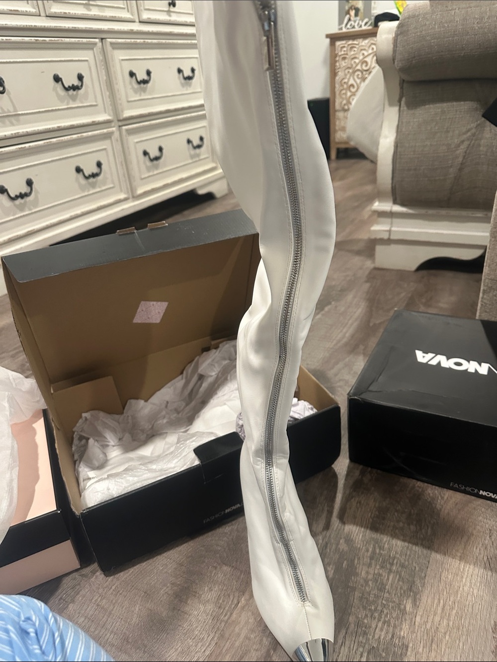 Fashion Nova White Over-the-Knee Zippered Heeled Boot with Metallic Toe